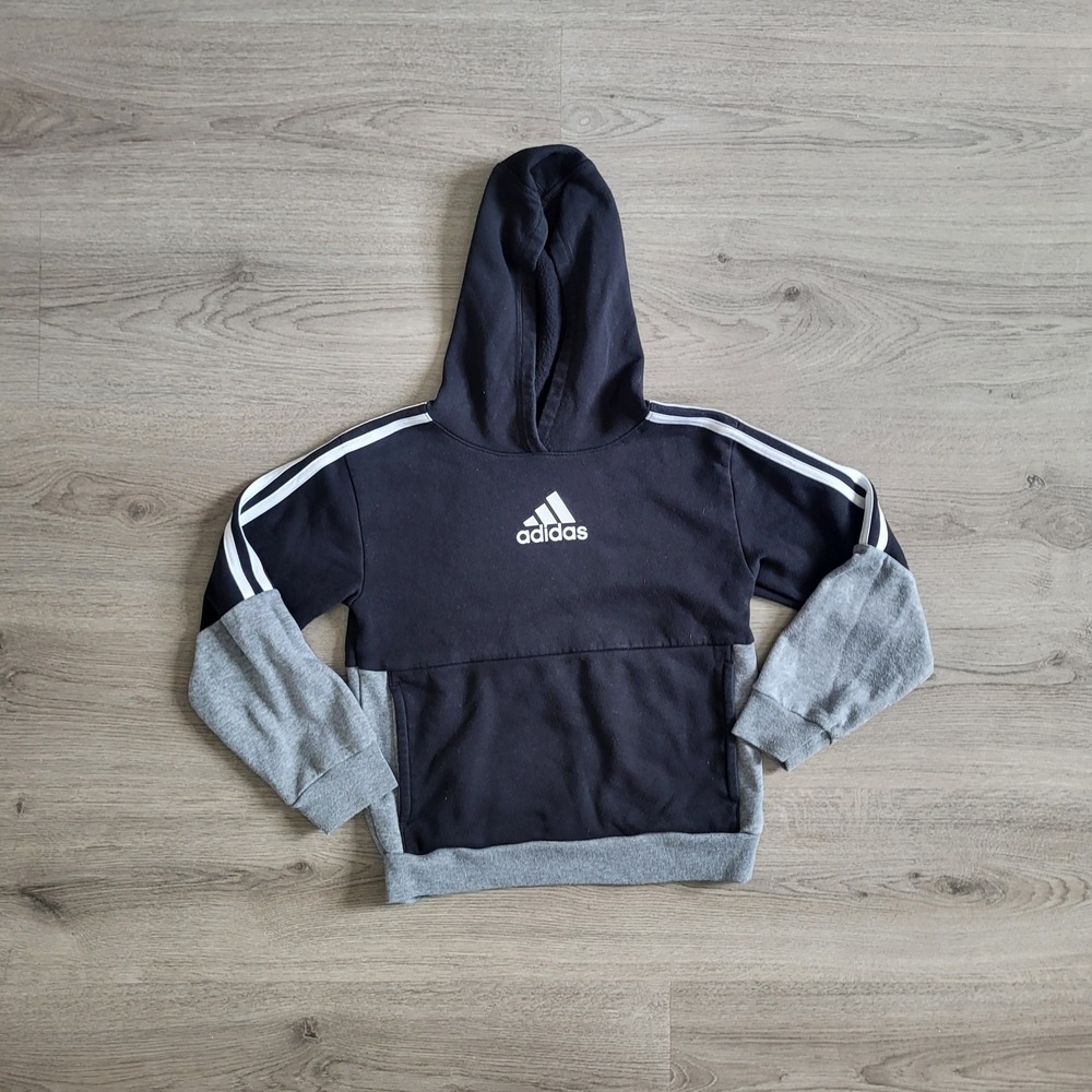 Adidas Kids Pullover Hoodie Black Gray Colorblock 3-Stripe Sweatshirt Logo Boys8